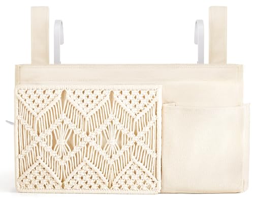 Mkono Bedside Caddy Hanging Organizer, Boho Macrame Storage with Fixed Straps and Hooks, 4 Pockets Holder Remote Magazine Accessories for Home Loft Bunk Bed, Dorm, Hospital Beds
