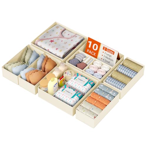 DIMJ Drawer Organizer Clothes 10 Pack - Foldable Baby Organizers and Storage & Dresser Organizer for Bedroom, Closet - Nursery Organization Dresser Dividers for underwear, Sock,Bra, Belt, Tie, Beige - color: Beige, size: 10 Pack