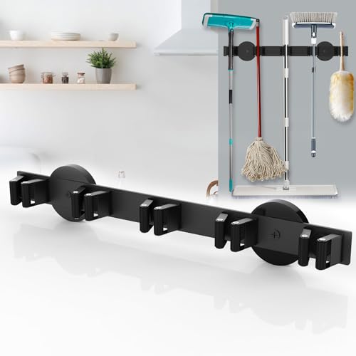 Magnetic Mop Broom Holder, Strong Non Slip Magnetic Broom Mop Hanger, Heavy Duty Magnetic Hooks for Hanging Shovel Rake Tools, Wall Mounted Utility Storage Magnet Rack (5 Rack) - color: 5 Rack - Broom Mop Holder