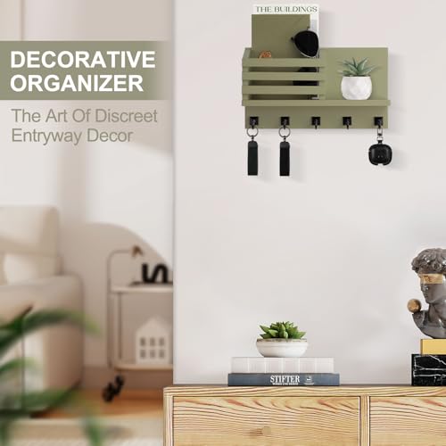 Key Holder Wall Mount, Mail Organizer for Wall with 5 Square Rustic Key Hooks Key Shelf Farmhouse Home Decor for Entryway - color: Sage Green