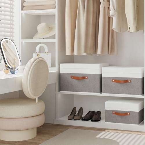Fabric Storage Bin, Storage Basket with Lids, Closet Organizer Box with Handles for Shoes Books Towels, White and Grey, 1 Pack, 13 x 9.1 x 7.9 Inch - color: White/Grey, size: 13x9.1x7.9in(1-Pack)
