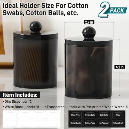 2 Pack Acrylic Qtip Holder Dispenser for Cotton Swabs, Balls, Pads, Floss Picks- Clear Plastic Canister Apothecary Jar Set, Bathroom Essentials Accessories Decor Vanity Makeup Storage Organizer -Black - color: Black, size: 2 Pack