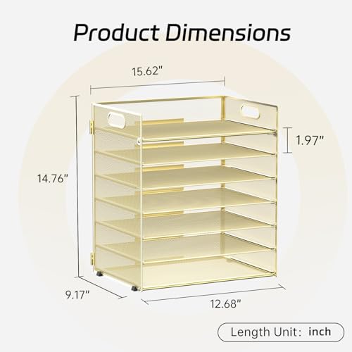 7 Tier Paper Organizer - Mesh Desktop File Holder with Handles for Office School Desk (Gold) - color: Gold