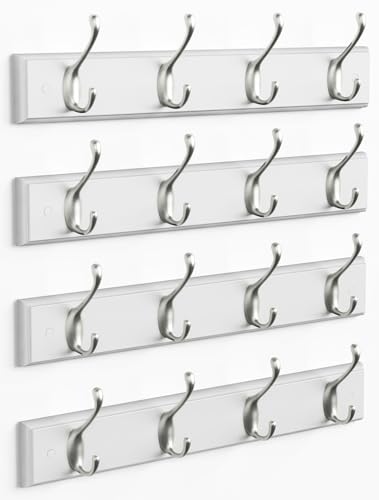 Forbena White Coat Rack Wall Mount 4-Pack, Coat Hanger Wall Mounted for Hanging Clothes Purse, Modern Key Holder Hooks for Closet Hat, Belt, Bag, Backpack, Leash (White and Silver - 16 Hooks) - color: White & Silver