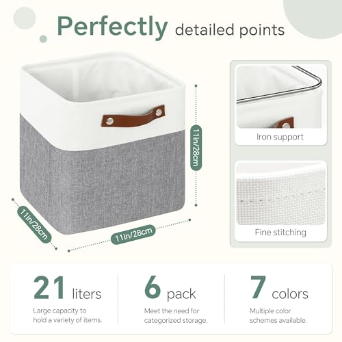 FinishingBo Cube Storage Baskets 6 Pack, 11x11 inch Cube Storage Bins with Leather Handles for Shelf Closet (White/ Gray) - color: White/ Gray