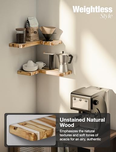 BATODA Acacia Corner Floating Shelves 17“x12”, Wall Shelves - Floating Book Shelves for Wall, Corner Bookshelf for Home Decor - Wooden Shelves with Bracket and Hardware, Boho Decor (Natural Color) - color: Natural Color