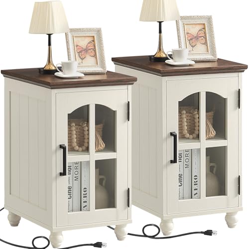 Narrow Side Table Set of 2,White Nightstand with Charging Station,End Table with Glass Barn Door Storage, Cabinet Organizer with Adjustable Shelf, Night Stand for Small Spaces Living Room Bedroom - color: White, size: Set 2