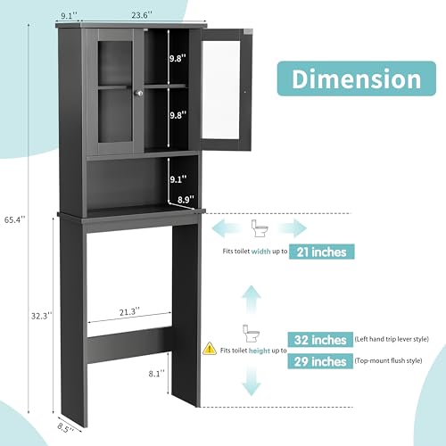 Shintenchi Over the Toilet Storage Cabinet, Bathroom Shelf Organizer with Anti-Tip Device Small Freestanding Space Saver with Adjustable Shelf and Glass Door, Gray - color: Grey, size: Glass Door