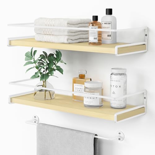 Forbena Floating Shelves for Wall with Rail, White and Natural Wood Nursery Book Shelves for Baby Girls Boys Kids Room Bedroom, Hanging Bookshelves Wall Mounted for Books, Toys, Bathroom (Set of 2) - color: 6. Natural-white