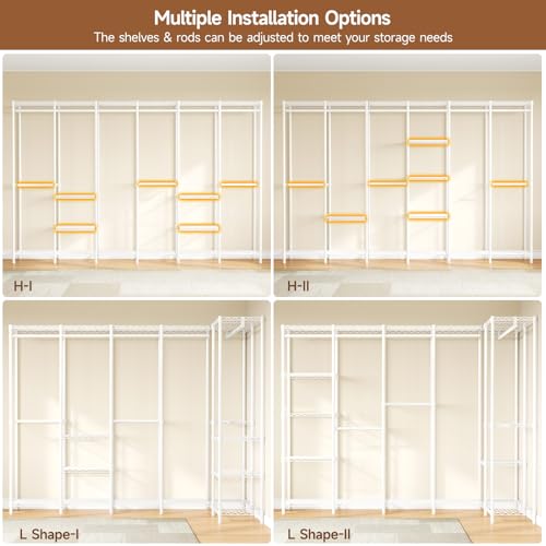 ONBRILL F6 Free Standing Industrial Pipe Clothes Rack, Large Heavy Duty Metal Garment Rack, Closet Organizer Storage System with Adjustable Shelves & Hanging Rods, Portable Wardrobe - White - color: White