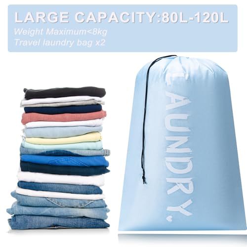 4 Pack XL Travel Laundry Bag, Machine Washable Dirty Clothes Organizer with Drawstring,Large Enough to Hold 4 Loads of Laundry, Easy Fit a Laundry Hamper or Basket Travel Essentials 24" x 36" - color: Beige+Light blue, size: 24"x36" |4 Pack