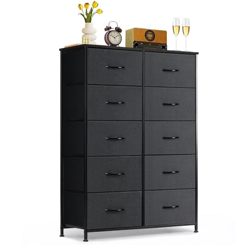 10-Drawer Dresser for Bedroom, Anti-Tip Tall Storage Organizer Chest of Drawers with Wooden Top and Metal Frame Fabric Bins for Closet, Living Room, Hallway, Entryway, Black - color: Black, size: 11.8"D x 31.4"W x 45.6"H (10 Drawers)