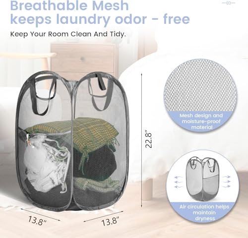 Strong Mesh Pop-up Laundry Hamper,HOUSE AGAIN Quality Pop Up Hampers for Laundry with Durable Handles Solid Bottom High Carbon Steel Frame, Easy to Open and Fold for Storage(Grey) - color: Gray, size: 1-Pack