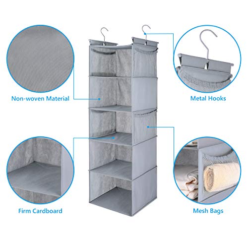 MAX Houser 5 Shelf Hanging Closet Organizer,Space Saver, Closet Hanging Shelves with (4) Side Pockets,Foldable,Light Grey - color: Lightgrey