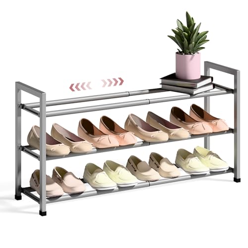 Bumusty 3-Tier Expandable Shoe Rack for Closet, 18“-33” Adjustable Shoe Rack for Small Space, Small Shoe Organizer for Front Door, Sturdy Metal, Light Grey - color: Light Grey, size: 3-Tier