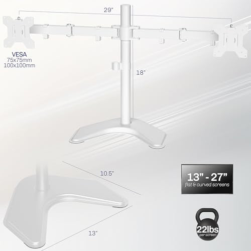 VIVO Dual LED LCD Monitor Mount, Free-Standing Desk Stand for 2 Screens up to 27 Inch, Fully Adjustable Arms with Max VESA 100x100mm, Extra Large Base, White, STAND-V002FW - color: White, size: 13" - 27" screens