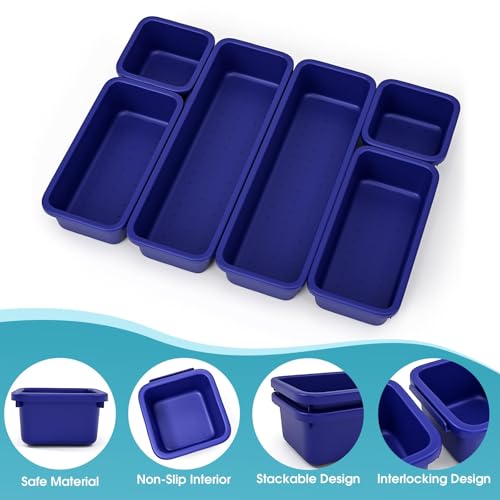6 PCS Drawer Organizer Set, 3 Size Makeup Drawer Divider Organizer With Non-Slip Pads, Interlocking Plastic Storage Bins for Office,Jewelry Vanity,Gadgets, Bathroom,Kitchen, Navy - color: Navy, size: 6Pack