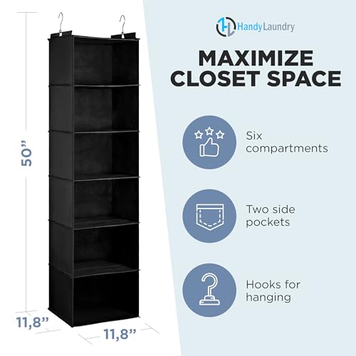 Handy Laundry Hanging Closet Organizer - 6 Shelf Storage for Clothes, Sweaters, Shoes & Accessories - Space-Saving Wardrobe Shelves with Hooks for Dorm, RV & Small Closet Organization (Black) - color: Black