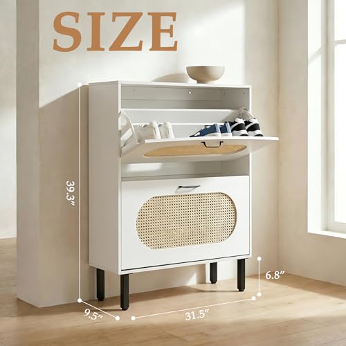 SUNCROWN 2 Flip Drawers Shoe Storage Cabinet, Freestanding Narrow Entryway Organizer, Natural Semi-Circular Rattan Doors, Adjustable Shelves & Anti-Tip Kit, White - color: White, size: Style A