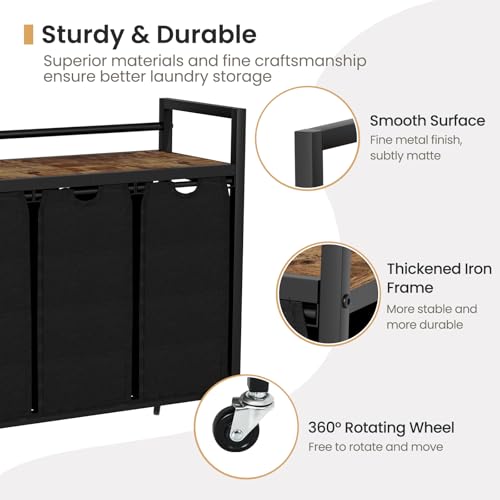 SwaaVee Laundry Hamper, Laundry Basket, Laundry Sorter with 3 Removable Bags, Clothes Basket with 3 Compartments, Wheels, Shelf for Laundry Room Bathroom Bedroom (3 Bags-Black) - color: 3 Bags-Black