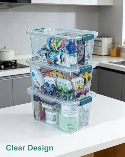 Storage Bins with Lids 6 Pack Clear Storage Containers, 7 Quart Stackable Plastic Containers with Secure Buckle Latch, Durable Storage Box Organizer for Pantry, Closet, Office & Classroom, Blue - color: Blue