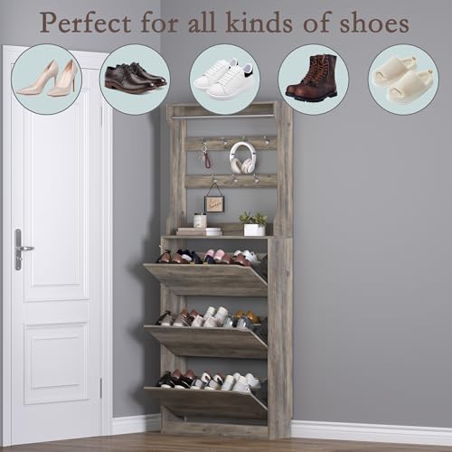 BORNOON Shoe Cabinet with 3 Flip Drawers & Coat Rack, Narrow Hidden Shoe Storage Cabinet, 2-in-1 Hall Tree Slim Freestanding Shoe Rack Organizer for Entryway, Hallway, and Living Room - color: Grey, size: 3-Drawer with Rack