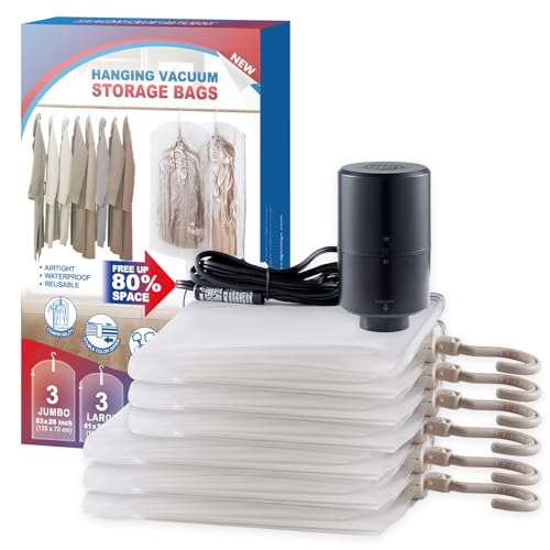 Hanging Vacuum Storage Bags, 6 Pack Hanging Storage Bags for Clothes With Electric Pump, Vacuum Sealed for Suits, Dress, Jackets (3 Long, 3 Short) - size: 6-Combo-Epump