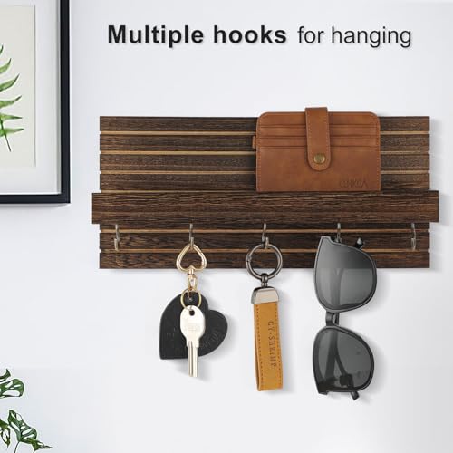 Lwenki Decorative Key Holder for Wall with Shelf, Entryway Shelf with Hooks Holds Leashes, Jackets and Glasses – Sturdy Wood Keyholder Entrance Hanger with Mounting Hardware (Brown, Medium) - color: Brown, size: Medium