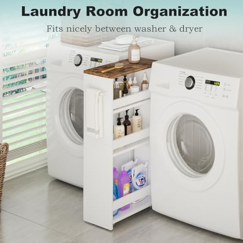 MARTY Rolling Storage Cart 7.9" W, 4-Tier Kitchen Cart with Wheels Handle, Slim Storage Cart Mobile Shelving Utility Carts for Bathroom Laundry Room Organization Narrow Places (White) - color: White, size: 7.9"D x 15.75"W x 31.5"H