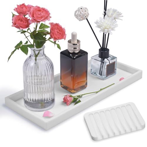 Bloss Counter Tray Set for Bathroom/Kitchen - 11.8" Silicone Tray for Kitchen Countertop, Soap and Sponge Holder, Bathroom Vanity Traty for Perfume, Jewelry, Candle, Key Tray - color: White, size: 11.8" x 5.1" x 0.9"