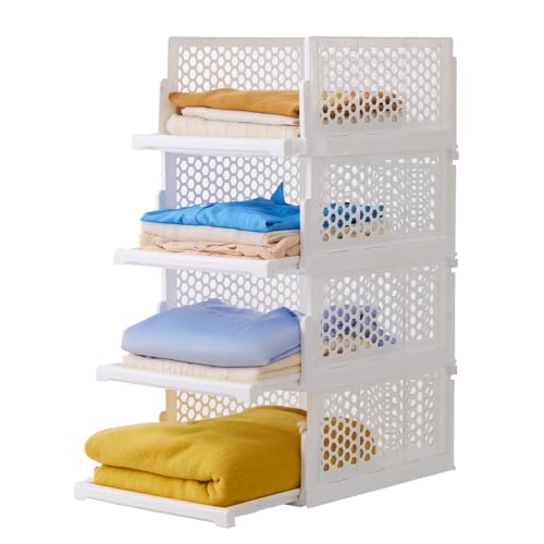 Pull-out Plastic Storage Basket,Stackable Closet Organizers Drawer Anti-Tipping, Reinforced Stable Shelf Container for Bathroom Laundry Room Storage, Space-Saving Clothes Storage (white, Large-4pcs) - size: Large-4pcs