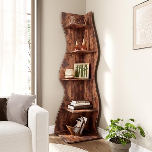 LITTLE TREE 70-Inch Corner Shelf, Seaweed Shaped Etagere Display Bookshelf, Freestanding 5-Tier Wall Shelves for Small Spaces, Living Room, Bedroom, Rustic, 1 Pack - color: Rustic, size: 1 Pack