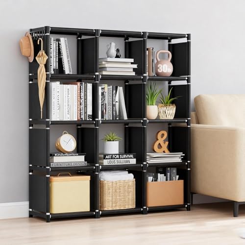 12-Cube Storage Organizer Shelf, Double-Row Design – Tool-Free Assembly Cube Bookcase for Bedroom, Closet & Small Spaces, Bookshelf Organizer for Kids’ Clothes & Nursery, Black - color: Black-12