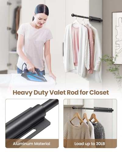Supforce Valet Rod for Closet Pull Out, Retractable Slide Out Valet Rod Closet Organization, 12" Aluminum Valet Clothing Hanger Rods Perfect for Suits, Freshly Pressed Clothes, Black - color: Black, size: 12IN