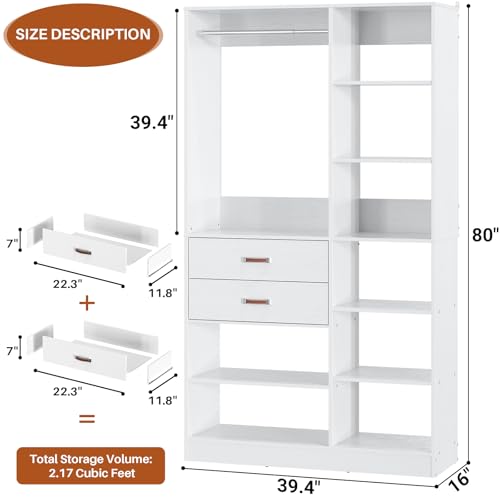 Armocity Freestanding Closet System, 40 Inches Stand-Alone Wardrobe with 10 Shelves, 80'' Height Adjustable Cloth Garment Rack with 2 Wood Drawers, Wood Walk-in Closet with Hanging Rod, White - color: White