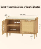 Akxomel Rattan Shoe Storage Bench with Cushion, 2-Tier Entryway Bench with Adjustable Shelves and 2 Doors, 15" D x 31.5" W x 20" H, Solid Wood Legs, for Hallway, Living Room, Bedroom, Natural Oak - size: 15"D x 31.5"W x 20"H