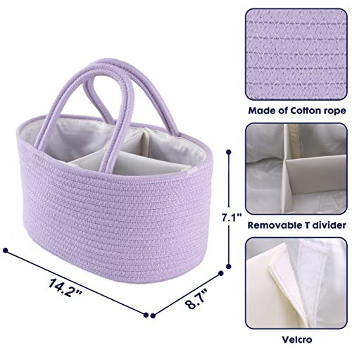 Baby Diaper Caddy Organizer Cotton Rope Nursery Storage Bin Basket Portable Holder Tote Bag for Changing Table Car Travel Baby Shower Gifts Newborn Essentials Registry Must Have Purple or Lavender - color: Purple, size: Regular