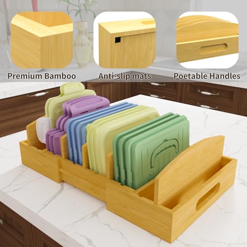 Lid Organizer for Cabinet – Bamboo Kitchen Storage for Plastic Lids, Adjustable Drawer Dividers, Food Container Organizer (Fits Cabinets & Drawers) (Extra Large) - size: Extra Large
