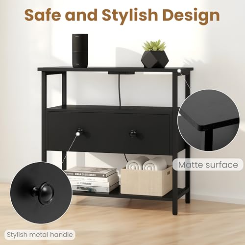 Edbuosy 27 Inch Wide Night Stand with Charging Station, Wood Nightstand with Open Shelf, Large Drawer Bedside Table for Living Room/Bedroom/Office (Black) - color: Black, size: 1 Drawer