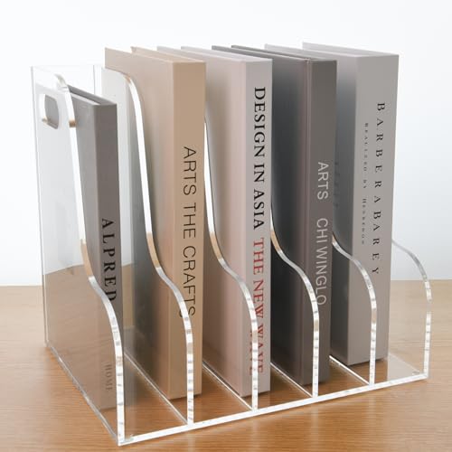 5 Vertical Compartments File Holder, Clear Acrylic Desk Organizer and Storage Bins Holding for Magazines, Binders, Notebooks, Envelopes, Multi-purpose Document Organizer for Home Office - size: A4, 5 Sections