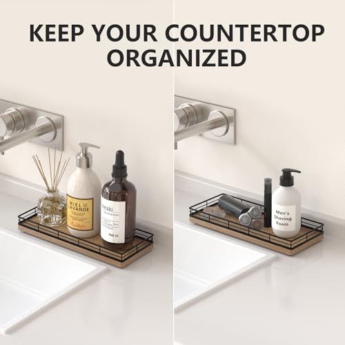Bathroom Tray for Counter Top Organizer – Acacia Wood Vanity Tray with Metal Frame for Dresser, Kitchen, Nightstand – Black & Acacia Decorative Storage - color: Black & Acacia, size: 11" x 4.5" x 1.5"