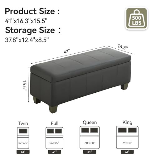 WUTUTUEE 41" Faux Leather Storage Ottoman, Stitch Tufted Rectangle Upholstered End of Bed Storage Bench, Entryway Large Couch Ottoman with Wooden Legs,Dark Grey - color: Dark Grey, size: 41 Inch
