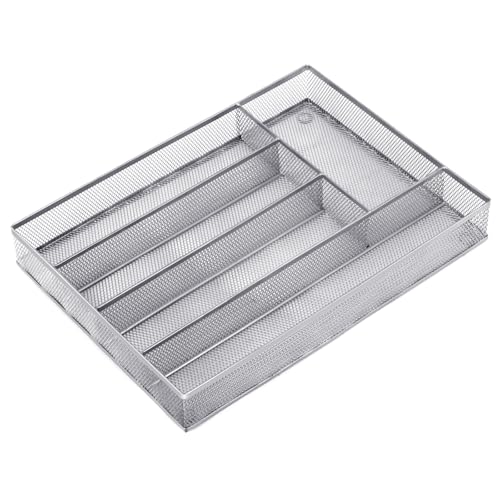 Neudeco Silverware Drawer Organizer - 5 Compartment Cutlery Tray with Non-Slip Feet, Mesh Wire Flatware Storage Divider for Kitchen, Bedroom, Living Room (Silver) - color: Silver