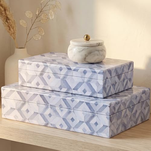 ZICOTO Decorative Storage Boxes with Lids - Set of 2 Beautiful Organizer Bins for Your Bookshelf Home Decor - Safely Store Photos, Documents and Memory Box Keepsakes on Your Shelves in Style - color: Blue