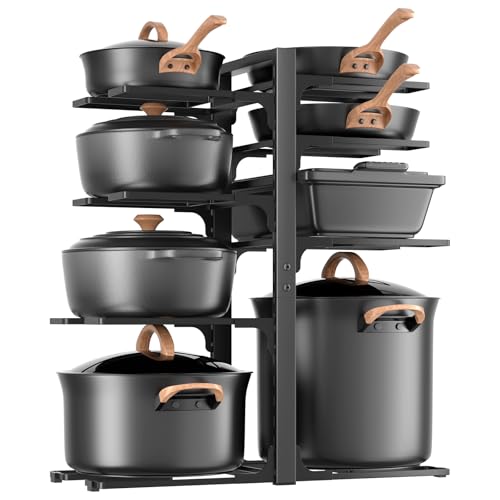 LAMU Pots and Pans Organizer under Cabinet 20.8" Height, 8 Tier Heavy Duty Pan Organizers inside Cabinet with Adjustable Pot Rack, Holds up to 120 LB for Stockpots Dutch Ovens and Cast Iron Cookware - color: B-Black-21" H, size: XL-8Tier-20.8“H