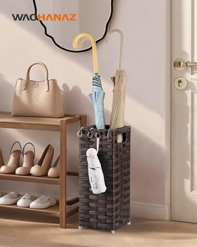 Rattan Umbrella Stand, Umbrella Holder for Entryway, Hand Woven Umbrella Rack Organizer Freestanding, with a Detachable Drip Tray, 4 Hooks, 6.5" L x 6.5" W x 16.5" H, Brown - color: Brown, size: S(6.5" L x 6.5" W)