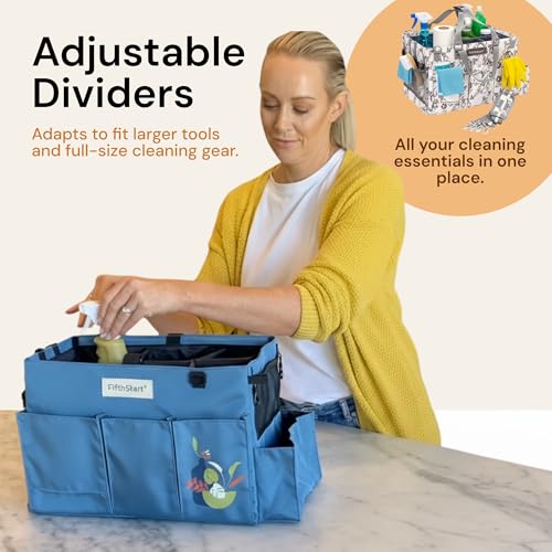 FifthStart Cleaning Caddy Organizer with Handle & Waist/Shoulder Straps - 9 Compartments & Mesh Base - Portable Cleaning Supply Caddy with Waste Bag Dispenser (Beige Floar, Large) - color: Beige Floral, size: Large