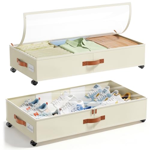 LAMU Under Bed Storage with Wheels, 2 Pack Under Bed Storage Containers with Clear Lids & Label, Rolling Under Bed Drawers for Clothes, Shoes, Blankets, Beige - color: Beige