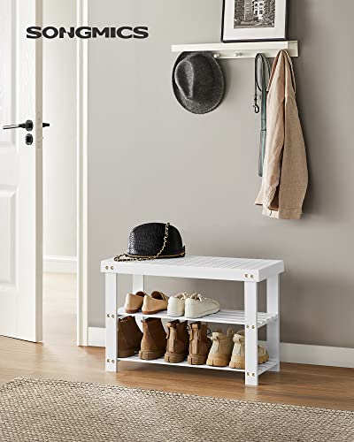 SONGMICS Shoe Rack Bench, 3-Tier Bamboo Shoe Storage Organizer, Entryway Bench, Holds Up to 286 lb, 11.3 x 27.6 x 17.8 Inches, for Entryway Bathroom Bedroom, Cloud White ULBS004W01 - color: Cloud White, size: 27.6"W