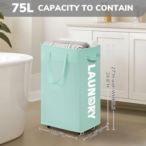Goodpick Rolling Laundry Basket with Wheels,75L Large Collapsible Laundry Hamper with Removable Wash Bag Space for living room, Blue - color: Blue 1-Pack